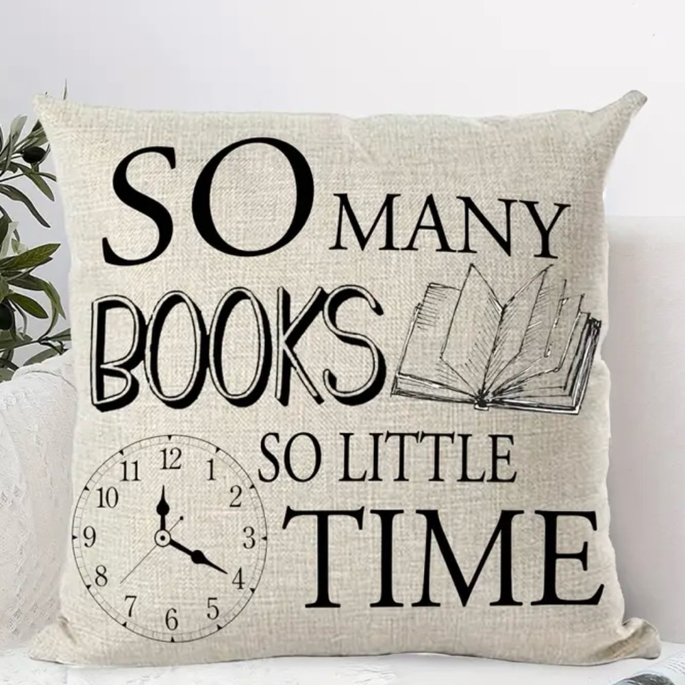 “So Many Books, So Little Time” 18x18 Throw Pillow Cover – Book Lover Home Decor - Picture 4 of 5